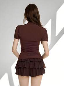 Ardnt American Sexy Style Brown Summer New Sexy Hollow Out Drawstring Design Ruffle Hem T-Shirt For Women - Brown - View 2