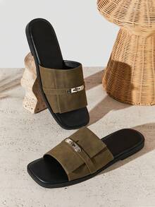 SHUZIA Men's Metal Buckled Reinforced PU Heavy Duty Comfortable Slide Sandals Valentine's Day - Olive Green - View 6