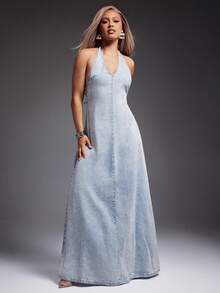 Denimoi 女士休闲水洗露背吊带牛仔连衣裙，夏季 - 淺藍色 - 查看 3