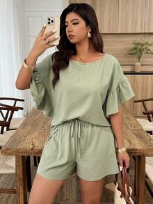 Weeklong Plus Size Women Spring/Summer Round Neck Ruffle Sleeve Casual Shorts Set - Green - View 3