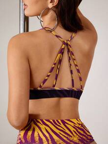 SHEIN Cheerettes Women's Patchwork Halter Neck Versatile Daily Training & Other Dance Bra Top - Purple - View 1