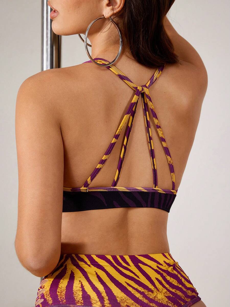 SHEIN Cheerettes Women's Patchwork Halter Neck Versatile Daily Training & Other Dance Bra Top - Purple - View 1
