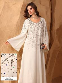 Al Najma Women's Apricot V-Neck Rhinestone Embellished Loose Fit Casual Dress - Apricot - View 3