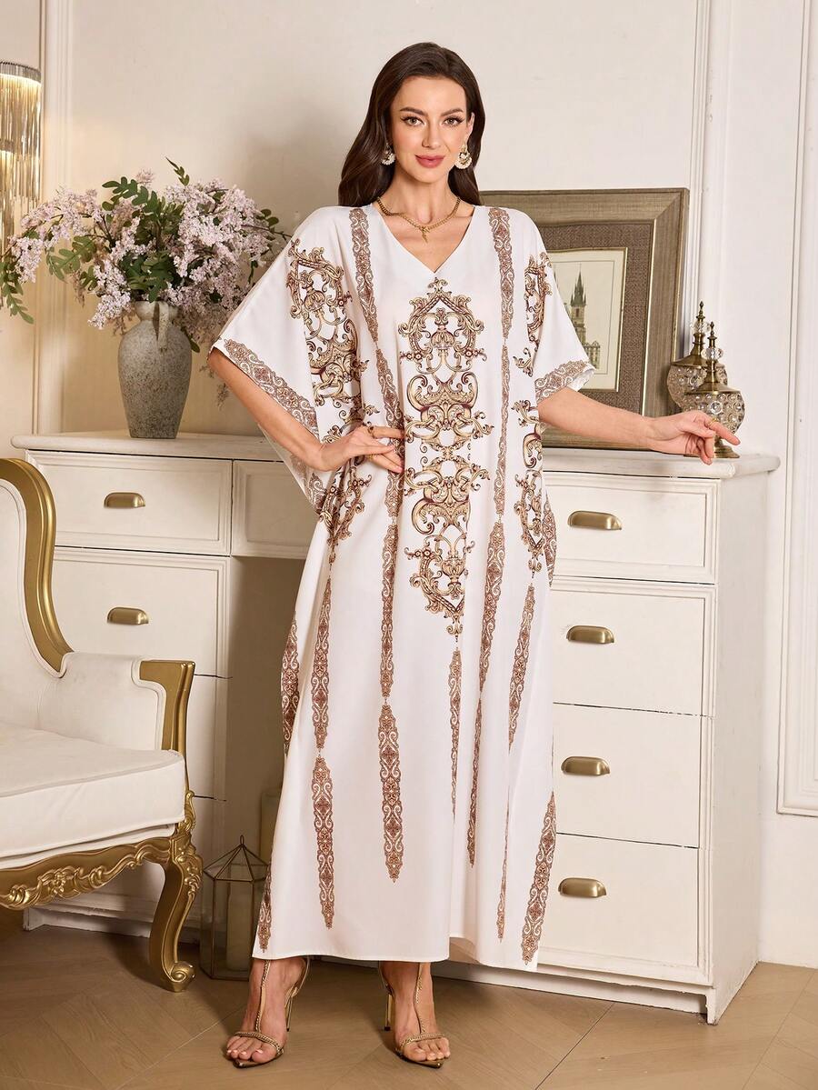 Elenzga 宽松优雅印花长袖连衣裙，欧式风格 - 彩色 - 查看 1