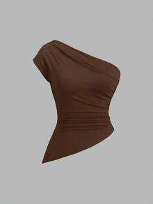 Sweetra 女士优雅露肩褶皱不对称轻盈舒适上衣套装，初秋 - 彩色 - 查看 4