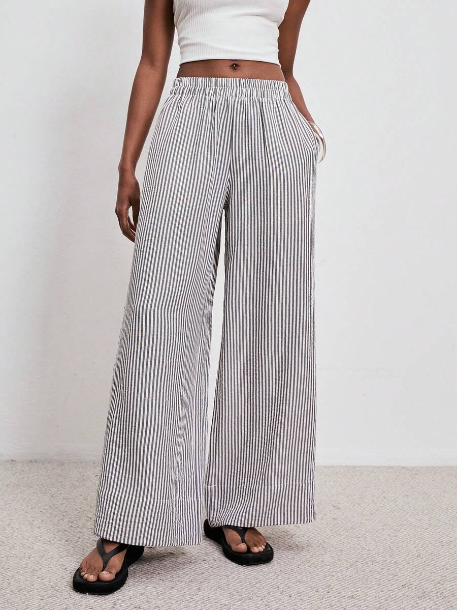 ATUI Studio Pantalones anchos de cintura alta de rayas azules y blancas, de estilo casual para primavera/verano, pantalones rectos y holgados que estilizan la figura de las mujeres - Azul y blanco - Ver 1