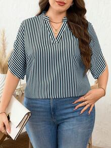 SHEIN Clasi Plus Size Striped Print Notch Collar Casual Short Sleeve Shirt - Baby Blue - View 1