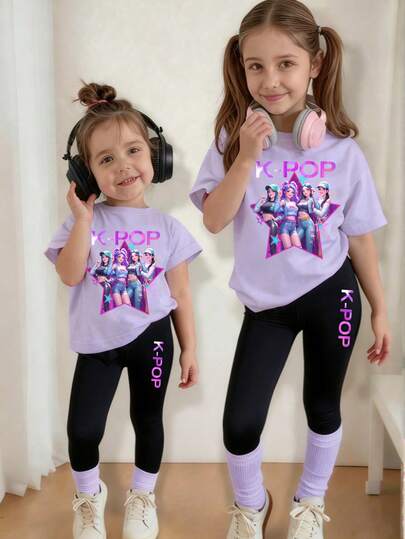 Spring And Summer Young Girl Casual Fashion Creative Personalized Refreshing Minimalist Cool Virtual Girl Group Colorful Pentagram Star Graphic Letter Slogan Print Casual Basic Short T-Shirt And Leggings Set, Comfortable Daily Wear, Cozy Summer And Fall Styles Suitable For Spring, Summer, Autumn