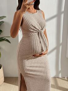 SHEIN Women Solid Ribbed Knit Sleeveless Tie Front Nursing Maternity Dress - Khaki - View 5