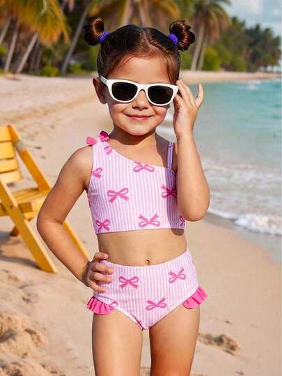 Young Girl Cute Pink Striped Bow Print Ruffle Trim Bikini Set, Adjustable Straps, Asymmetric Neckline Swimsuit, Suitable For Beach, Vacation, Matching With Sisters