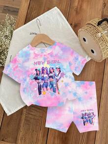 1 Set Young Girls Casual Cute Cartoon K-POP Girl Tie-Dye Print Short Sleeve Crew Neck T-Shirt And Shorts Set, Suitable For Outdoor Wear In Summer - Multicolor - View 3