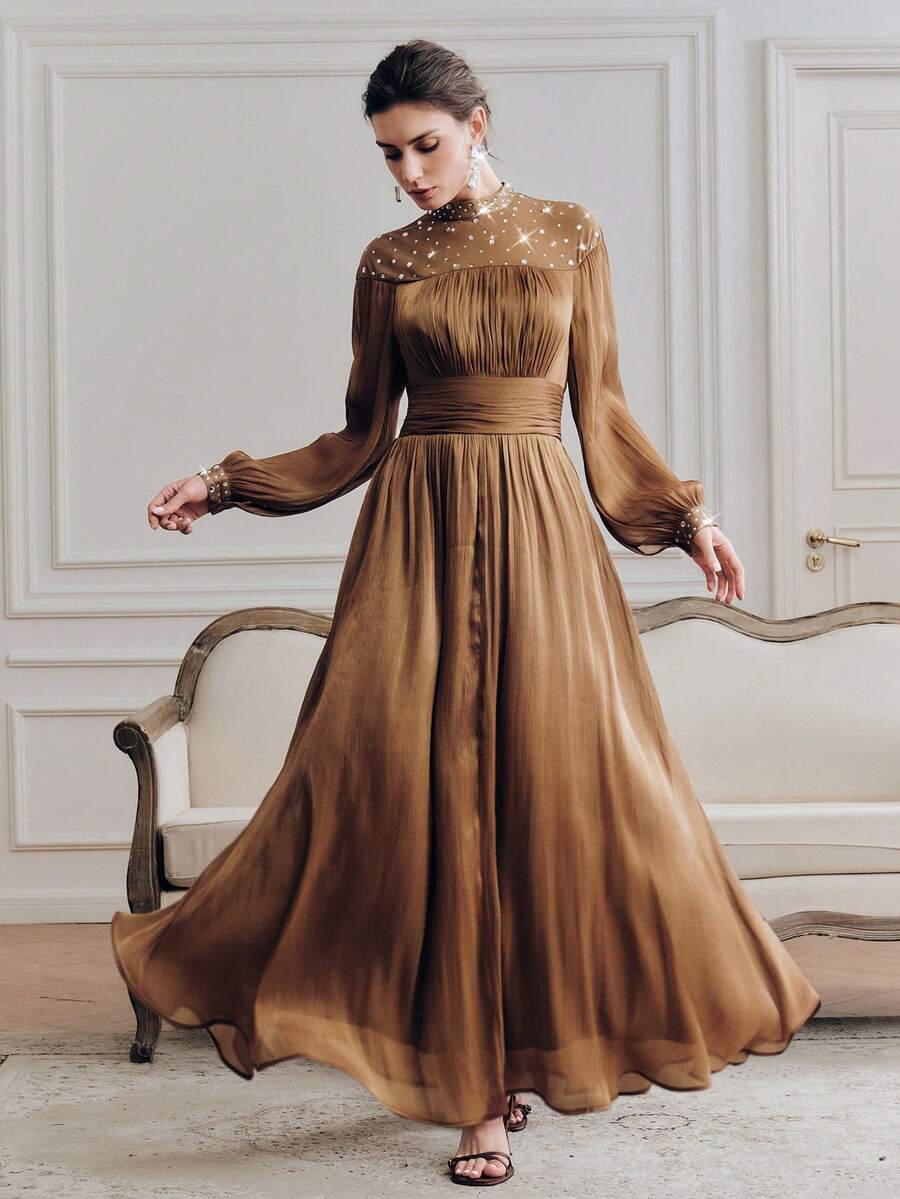 Anewsta Romantic Elegant Party Rhinestone Embellished Waist Dress - Coffee - View 1