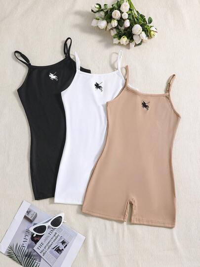 3 piezas Mono casual para niñas, en unicolor negro, blanco y caqui, de tela de punto, con detalles bordados de caballos, mono clásico con tirantes, nueva llegada de verano, para todas las estaciones