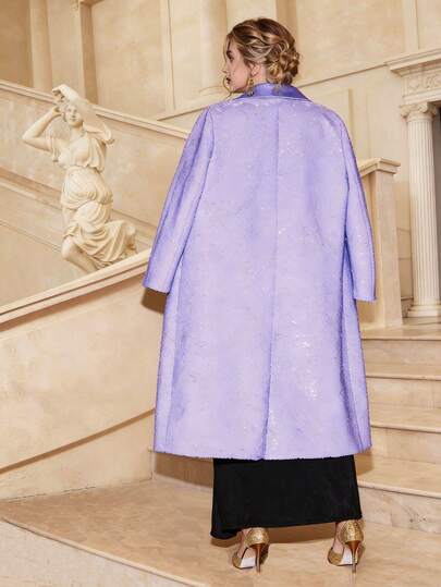 VOLUPTÉ CURVE Plus Size Women's Sequin Embroidered Satin Lapel Long Sleeve A-Line Midi Coat, Elegant Party Dress Style, Suitable For Valentine's Day, Formal Occasions, Commuting, Dating, Ballroom