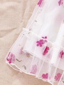 SHEIN 可爱优雅的女婴连衣裙，印花图案，喇叭裙摆，网纱罩面 - 白色 - 查看 7