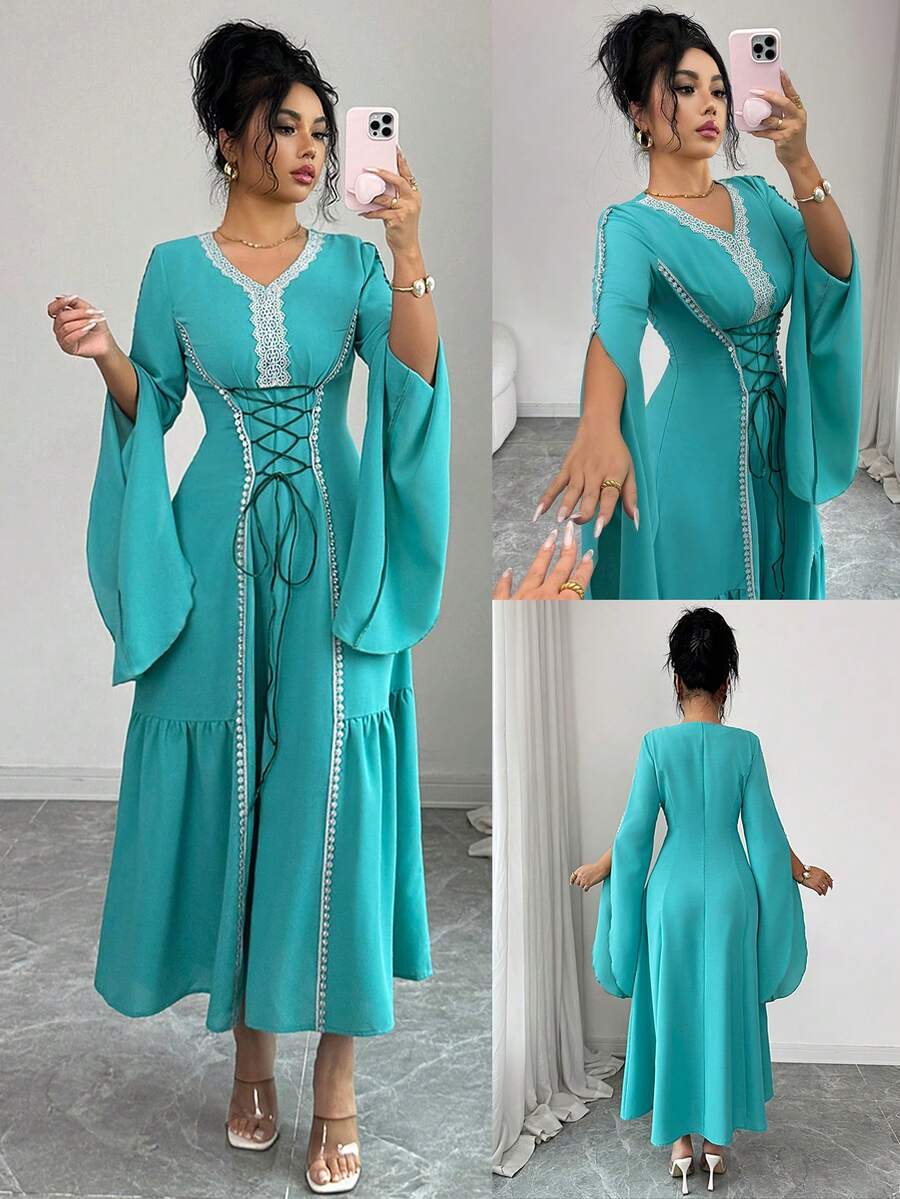 Elenzga Đầm nữ thanh lịch, thời trang, thoải mái, quyến rũ, cổ điển tối giản, cao cấp, lãng mạn, tay dài, cổ chữ V, thắt eo phía trước, dài đến đầu gối, viền ren, màu trơn. - Màu xanh bạc hà - Xem 1