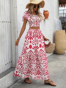 Breezaya Women's Summer Vacation Allover Print Ruffle Hem Crop Top And Mini Skirt 2 Pieces Set - Red and White - View 8