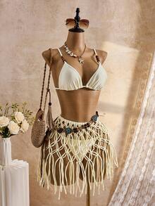 Bellisia 女士夏季度假沙滩串珠细节比基尼套装和流苏裙摆泳装套装 - 杏色 - 查看 9