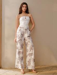 MOTF PREMIUM WOMEN'S PRINTED CASHEW FLOWER DISTRESSED FLARED LEG PANTS, SPRING/SUMMER - Beige - View 4