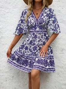 Breezaya Women's V-Neck Batwing Sleeve Summer Casual Holiday Dress With Blue And White Porcelain Print, Elastic Waist And A-Line Dress Vacation Beach Outfit - Lilac Purple - View 6