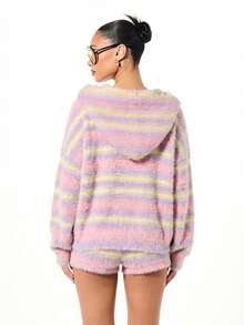 SUMWON WOMEN Áo khoác cardigan dáng rộng, mềm mại, có mũ trùm đầu và khóa kéo, họa tiết sọc ombre, ấm áp cho mùa thu đông. - Nhiều màu - Xem 2