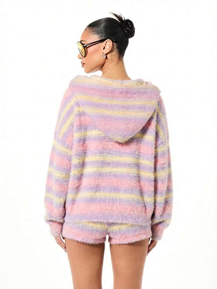 SUMWON WOMEN Oversized Fluffy Striped Ombre Hoodie Cardigan