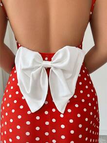 Elenzga Đầm đuôi cá hở lưng chấm bi cổ điển thanh lịch, phối nhiều mảnh vải, thắt nơ, thích hợp cho các buổi hẹn hò và tiệc tùng, trang phục duyên dáng và quyến rũ, mùa xuân/hè. - Nhiều màu - Xem 3
