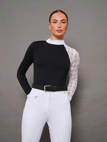 Activina Women's Lace Patchwork Stand Collar Casual Versatile Equestrian Long Sleeve Top - Black - View 5
