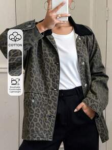 DAZY Women's Leopard Print Denim Button Jacket - Brown - View 1