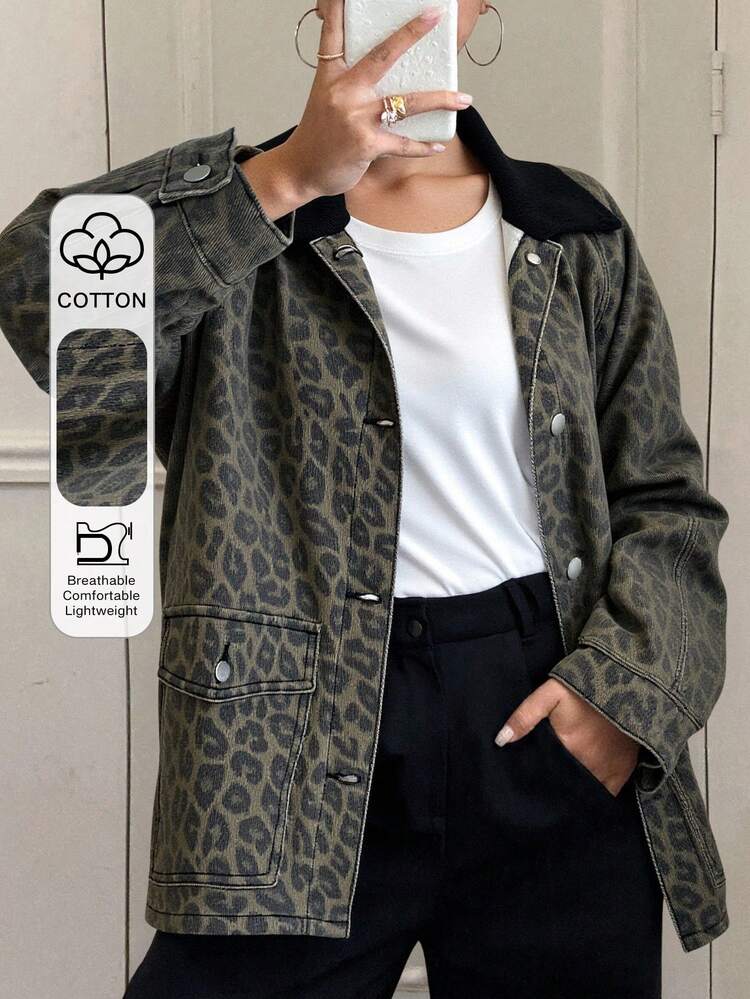 Women's Leopard Print Denim Button Jacket