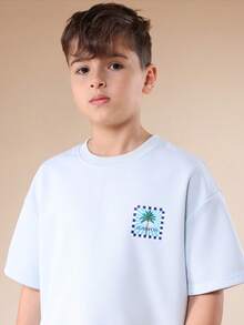 SUMWON Oversized Boys Printed Patch T-Shirt With Crew Neck Short Sleeves Summer Casual Tee - Baby Blue - View 6