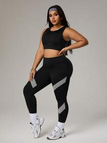 Rhythm Era Plus Size Women 3pcs Set: Solid Color Round Neck Tank Top + Letter Print Tank Top + Colorblock Leggings Sports Suit - Multicolor - View 3