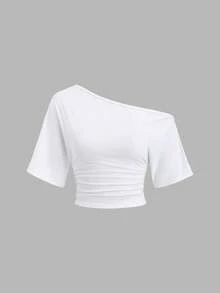 Sweetra 1 Set Camiseta de 3 piezas con hombros oblicuos, fruncidos y recogidos para mujer - Multicolor - Ver 4