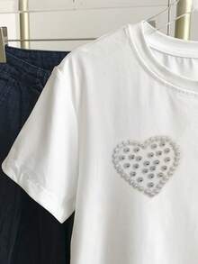 Resyla Camiseta de manga corta con cuello redondo, estampado de corazón de diamante de imitación, estilo casual de verano para tallas grandes - Blanco - Ver 4