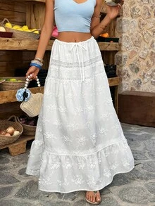 Selianne Women's A-Line Lace Patchwork Embroidered French Style Vacation Skirt, Beach Vacation Skirt - White - View 3