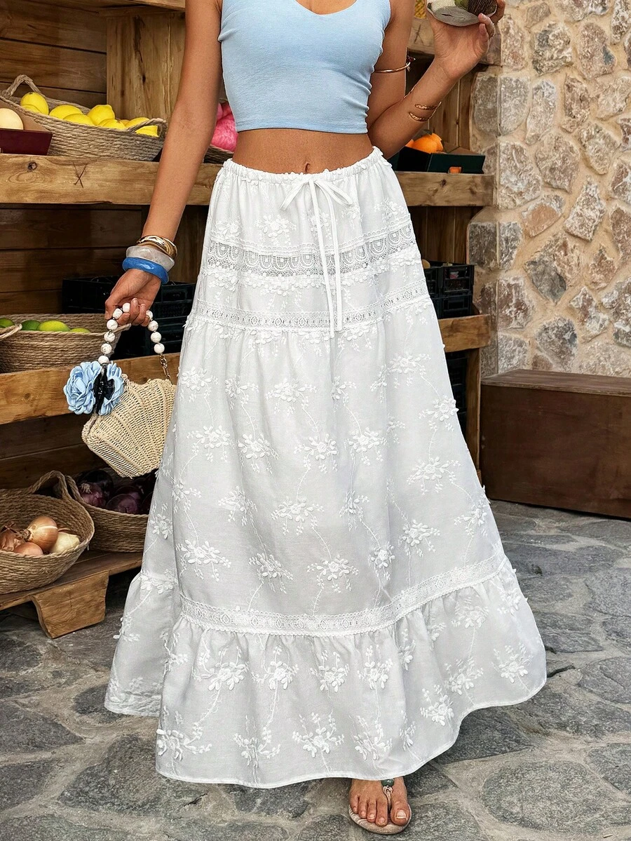 Selianne 女士A字蕾丝拼接刺绣法式度假半身裙，沙滩度假半身裙 - 白色 - 查看 1