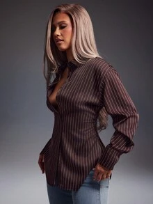 Denimoi Cinched Waist Stripe Pattern Balloon Sleeve Button Up Shirt Brunch Outfits Fashionable Tops - Brown - View 5