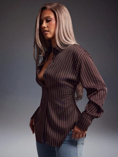 Denimoi Cinched Waist Stripe Pattern Balloon Sleeve Button Up Shirt Brunch Outfits Fashionable Tops