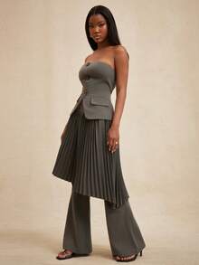 Nara高腰百褶裙不对称下摆直筒裤型叠穿灰色秋冬春季商务休闲街头风Grunge Y2K街头风酷女孩宣言长裙辣妹风西式时尚嘉年华女装 - 黑色 - 查看 4