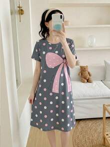 Áo ngủ dài tay cổ tròn đơn giản, thời trang, họa tiết chấm bi và nơ dành cho bé gái tuổi teen, thích hợp cho mùa xuân/hè. - Xám - Xem 3