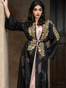 Layrah 一件优雅镂空设计黑色长袖阿巴雅长袍 - 黑色 - 查看 3