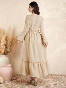 Momance Women's Solid Color Open Front Long Elegant Dress With Pearl Ribbon And Button Decor, Maternity Friendly - Apricot - View 2