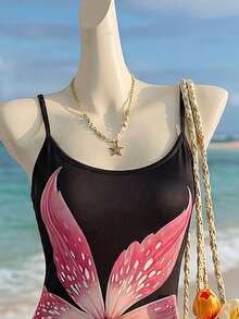 Selianne 女士优雅时尚通勤休闲舒适迷人复古简约高端浪漫假日无袖印花修身背心 - 黑色 - 查看 3