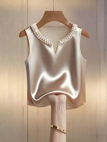 Franclia Women's Simple V-Neck Sleeveless Studded Acetate Casual Blouse - Apricot - View 3