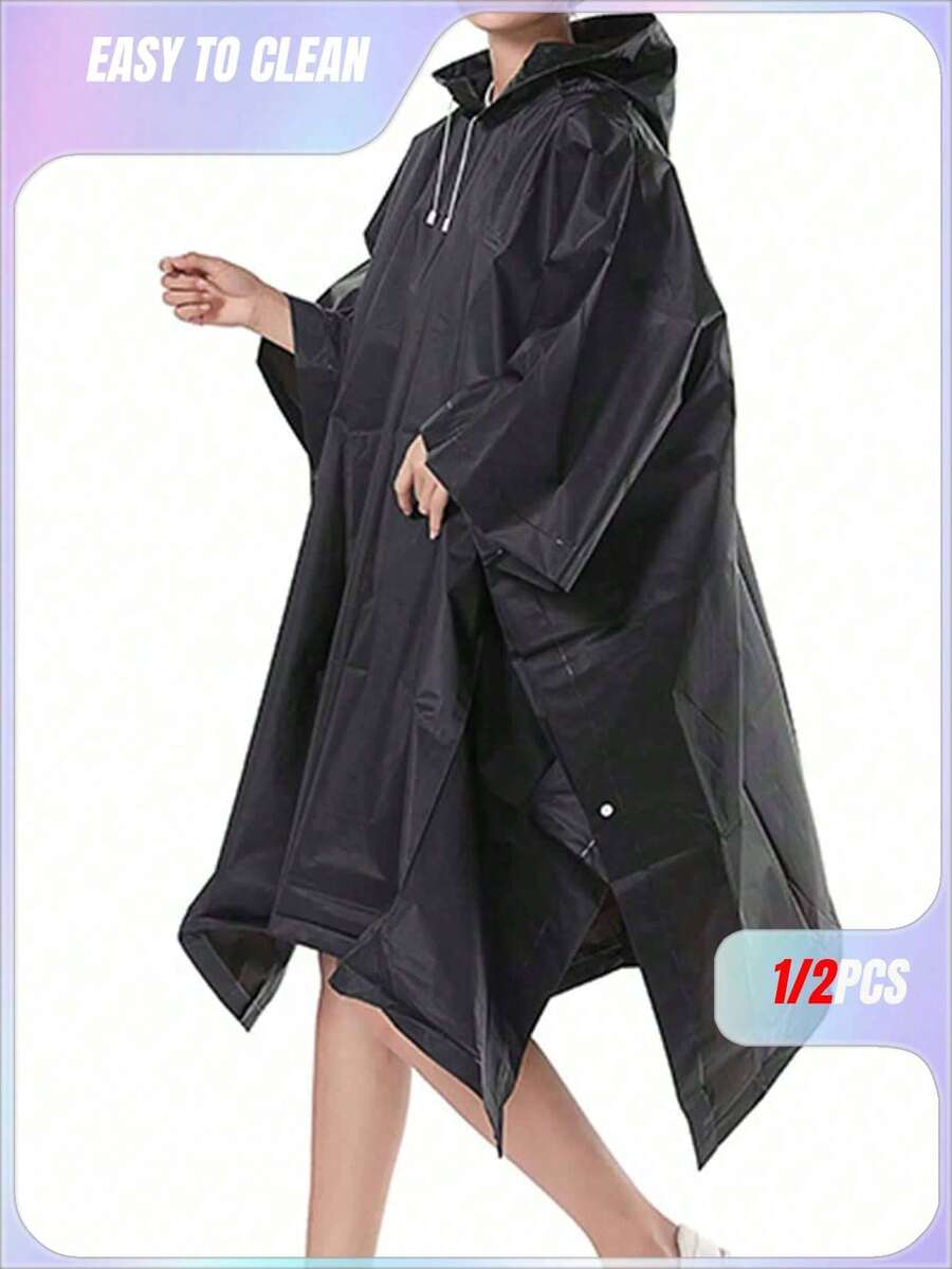 1pc Heavyweight Waterproof EVA Hiking Raincoat, Multifunctional Unisex Hooded Rain Poncho For Hiking, Camping, Outdoor Activities - Black - View 1