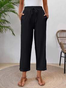 SHEIN LUNE Women's Summer Solid Color Patchwork Lace Drawstring Waist Long Pants - Black - View 3
