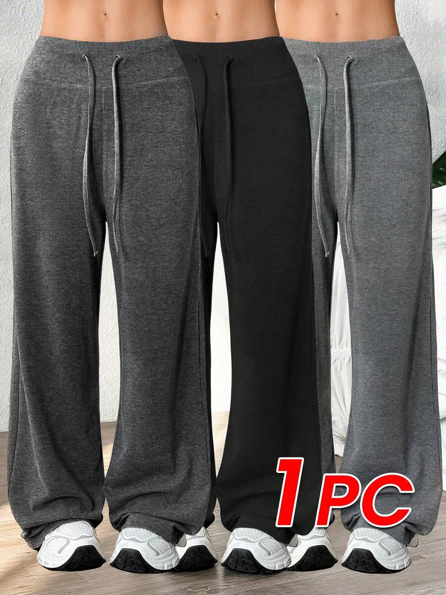 Easithlete Women Casual Drawstring Waist Loose Wide Leg Sports Pants - Dark Grey - View 1