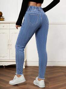 SHEIN LUNE Mid-Rise Paper Bag Waist Casual Everyday Jeans - Medium Wash - View 2