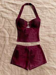 Soleia 女士休闲度假露背吊带短裤两件套，女士度假两件套，女士夏季套装，沙滩装，Y2K风格 - 彩色 - 查看 3