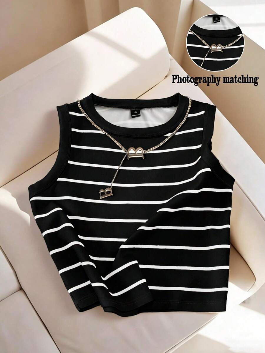 GlowEve CURVE Áo vest cỡ lớn với dây chuyền kim loại trang trí kẻ sọc, phù hợp cho các dịp thường ngày, đi làm, du lịch, lễ hội âm nhạc và các sự kiện khác, mùa xuân/hè/thu. - Đen và trắng - Xem 1
